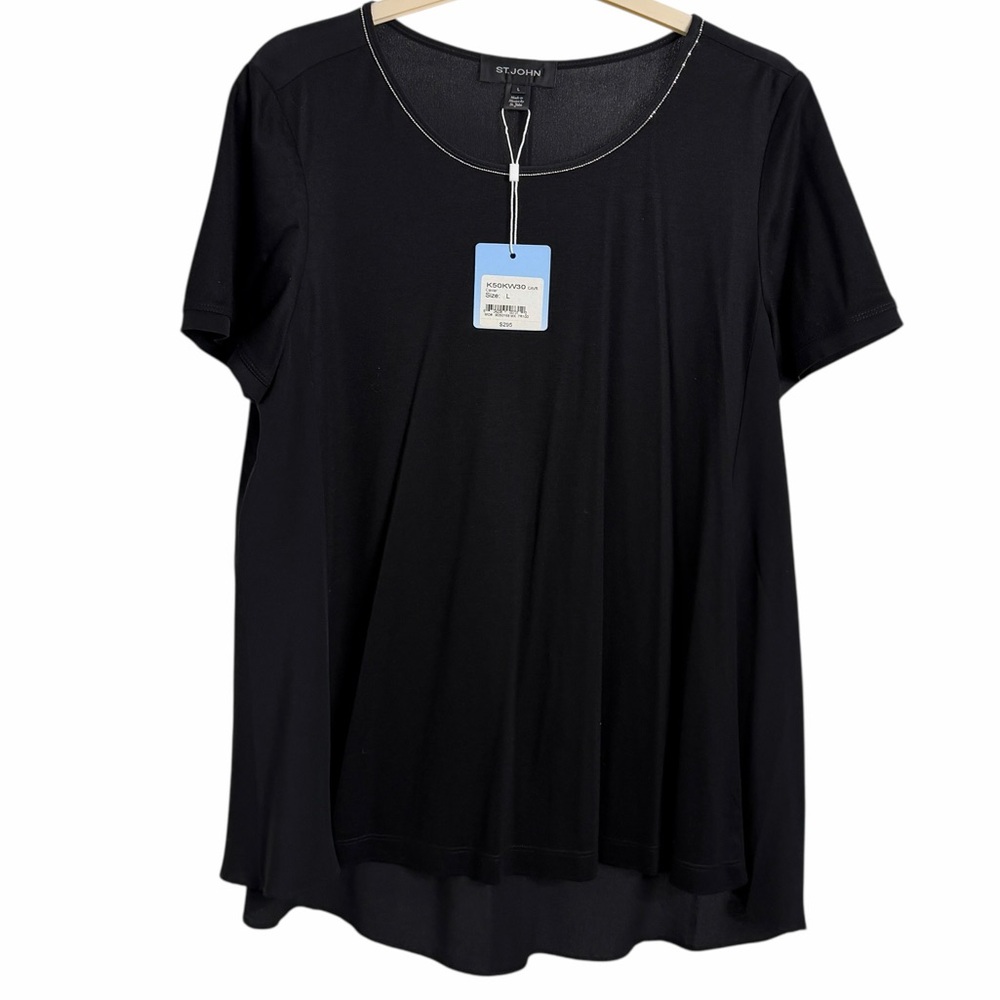 St. John Black Silk Short Sleeve Blouse Caviar - Picture 2 of 10